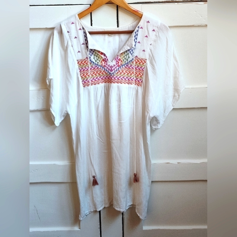 Lovestitch Women's Embroidered White Tunic Cover Up Dress | Size Medium